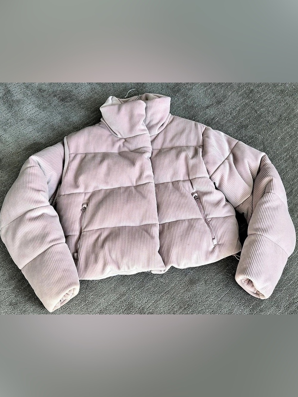 Alo Yoga polyester velvet puffer jacket in powder pink.